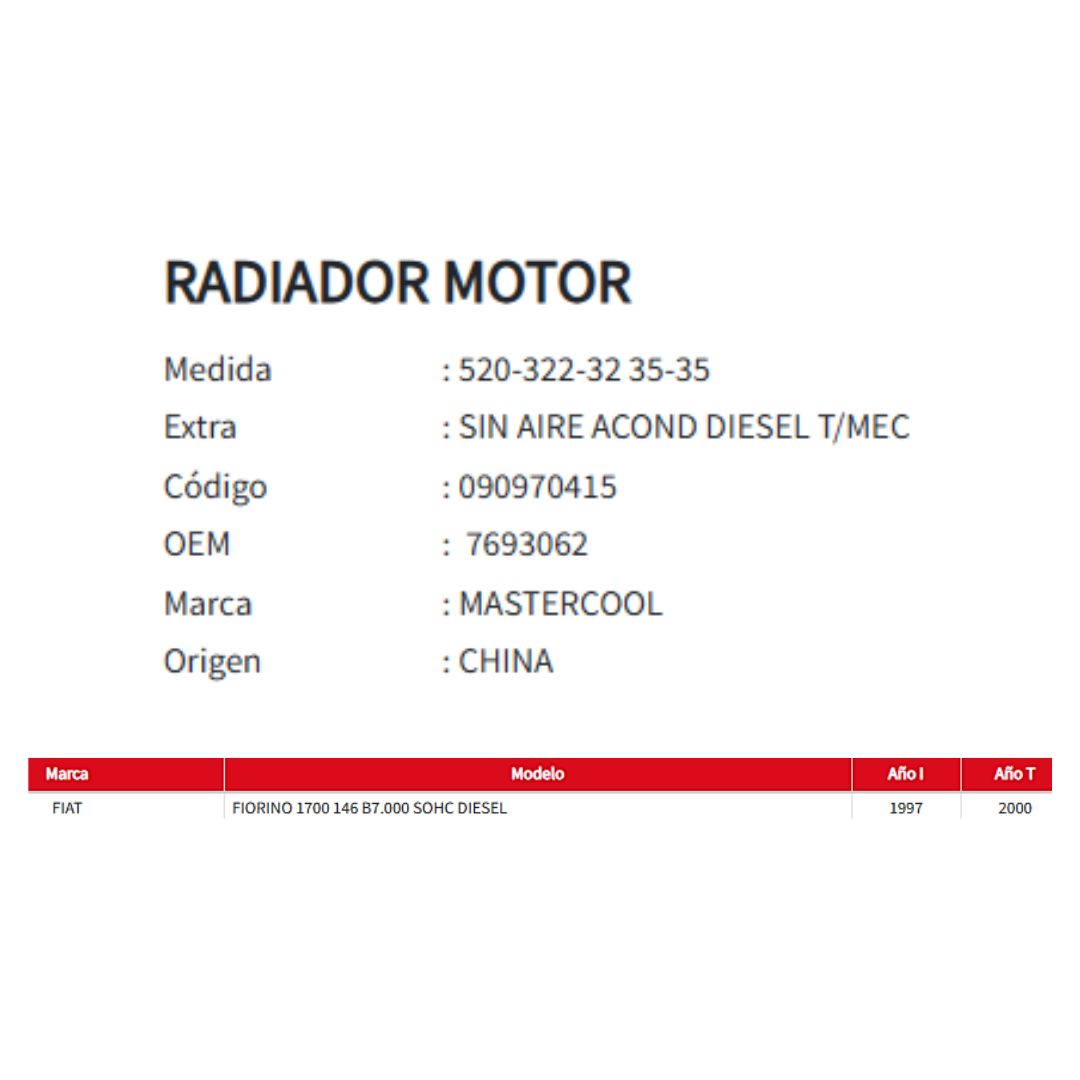 Radiador Motor Fiat Fiorino 1.7 Diésel (1997–2000)