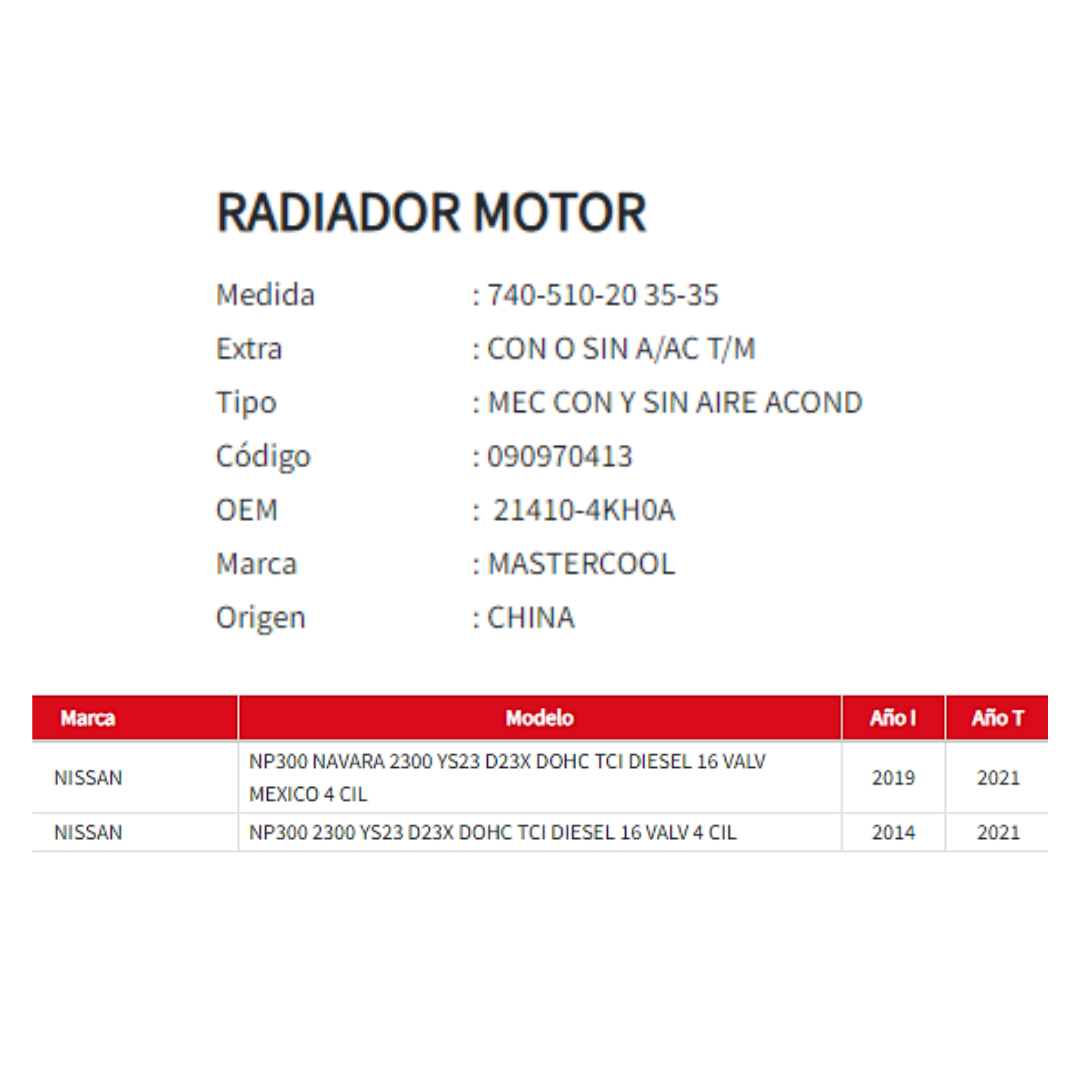 Radiador Motor Nissan NP300 2.3 (2014 al 2021)