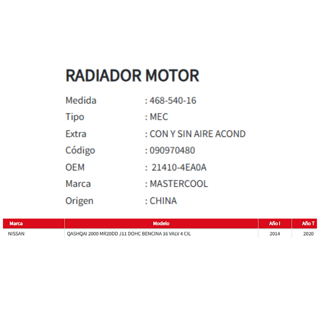Radiador Motor Nissan Qashqai 2.0 (2014 al 2020)