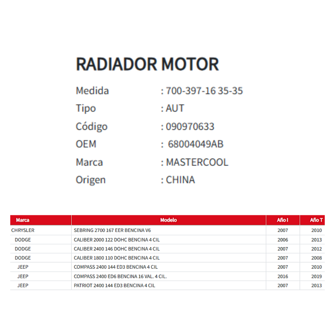 Radiador Motor Jeep Compass/Patriot/Caliber 1.8/2.0/2.4/2.7 (2006 al 2019)