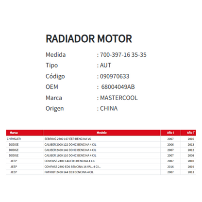 Radiador Motor Jeep Compass/Patriot/Caliber 1.8/2.0/2.4/2.7 (2006 al 2019)