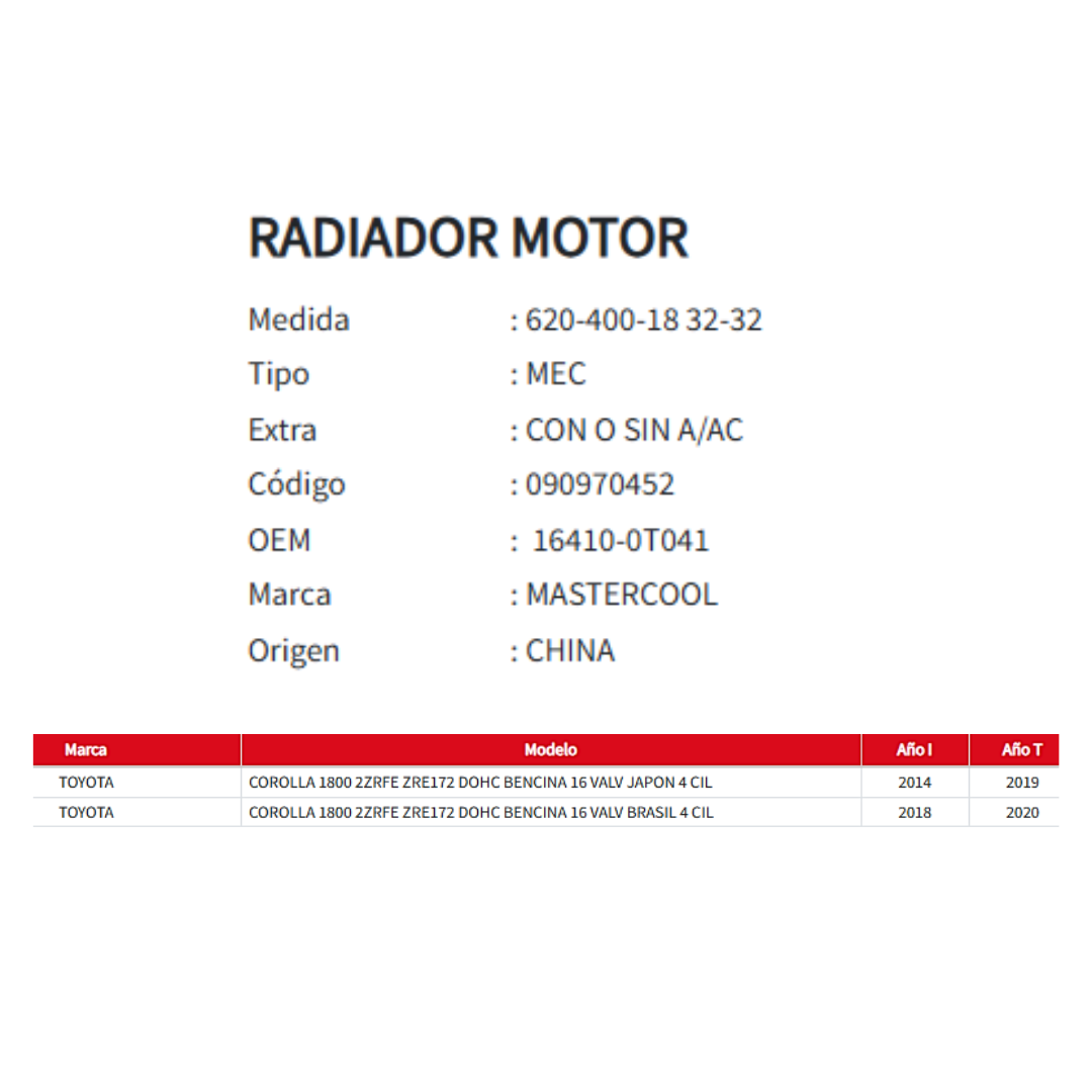 Radiador Motor Toyota New Corolla 1.8 (2014-2020)