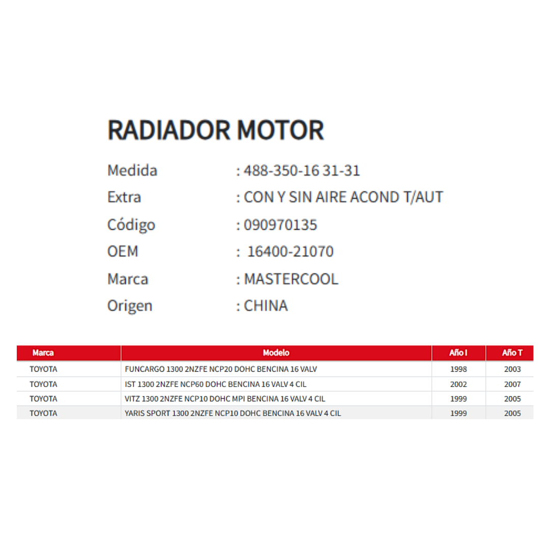 Radiador Motor Toyota Yaris Sport / Funcargo / Vitz 1.3 ( 1998 al 2007)