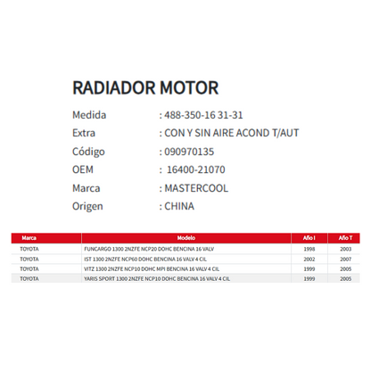 Radiador Motor Toyota Yaris Sport / Funcargo / Vitz 1.3 ( 1998 al 2007)