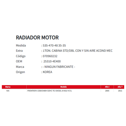 Radiador Motor Kia Frontier II 2.5 (2005–2011)