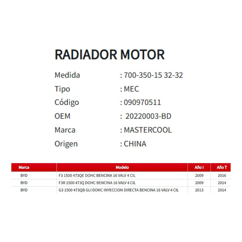 Radiador Motor Byd 1.5 2009-2016