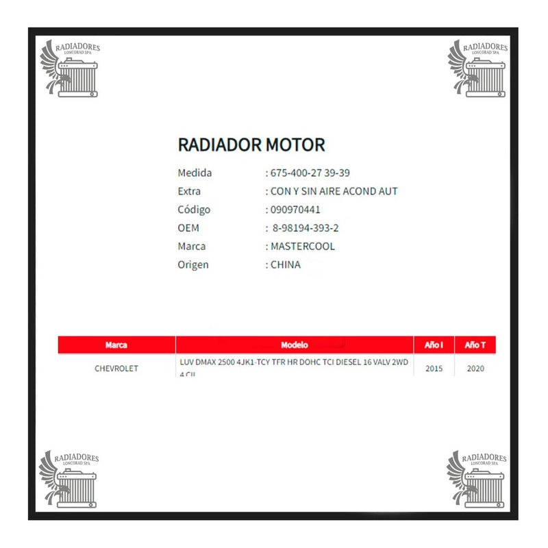 Radiador Motor Chevrolet Luv Dmax 2.5 Automatico