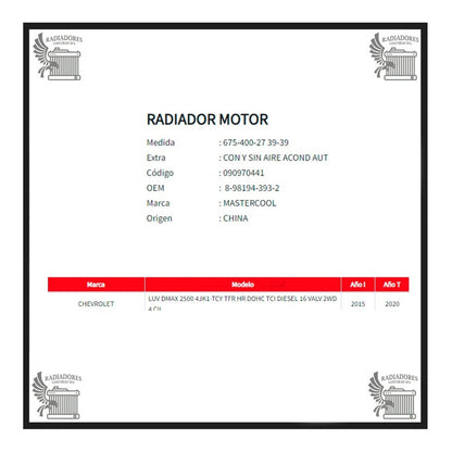 Radiador Motor Chevrolet Luv Dmax 2.5 Automatico