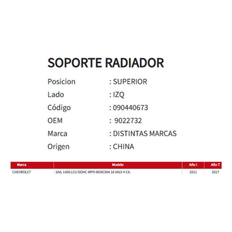 Soporte Radiador  Chevrolet Sail 1.4 2011-2017