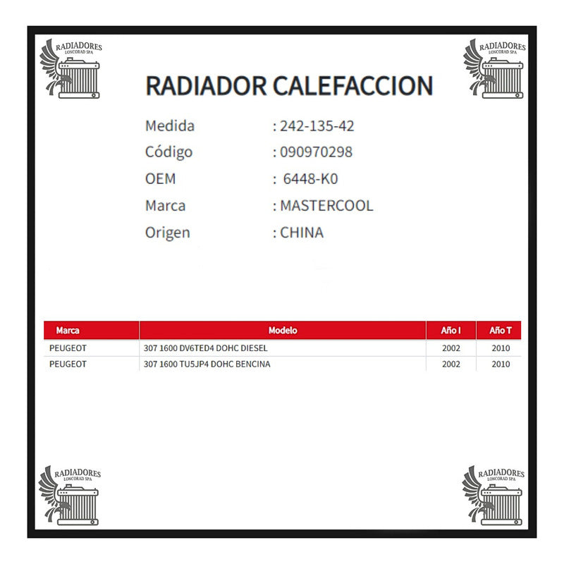 Radiador Calefaccion Peugeot 307 1.6