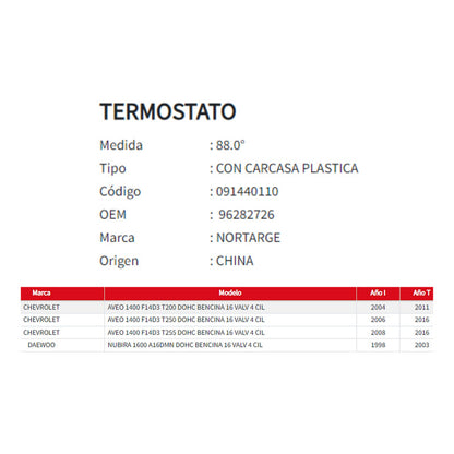 Termostato (plastico) Chevrolet Aveo- Daewoo Nubira 1.4/1.6