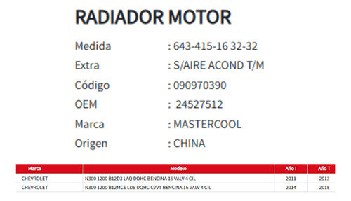 Radiador Motor Chevrolet N300 1.2 2011-2018
