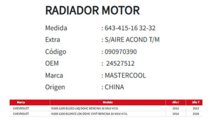 Radiador Motor Chevrolet N300 1.2 2011-2018