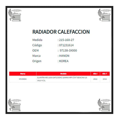Radiador Calefaccion Hyundai Elantra 1.6