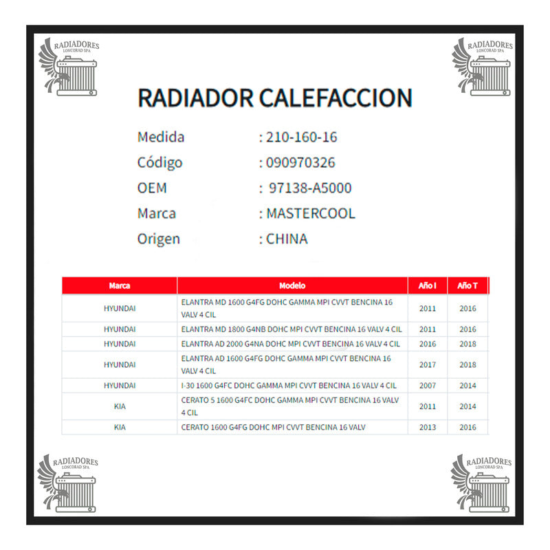 Radiador Calefaccion Hyundai I30, Cerato, Elantra
