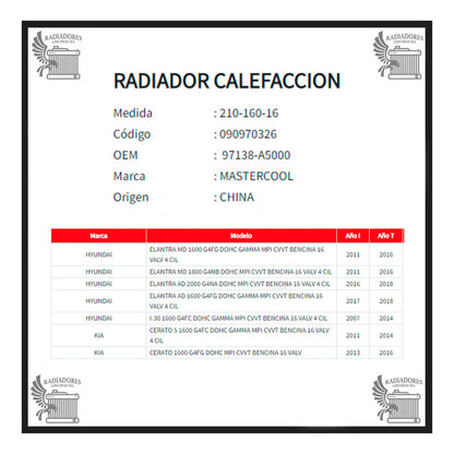 Radiador Calefaccion Hyundai I30, Cerato, Elantra