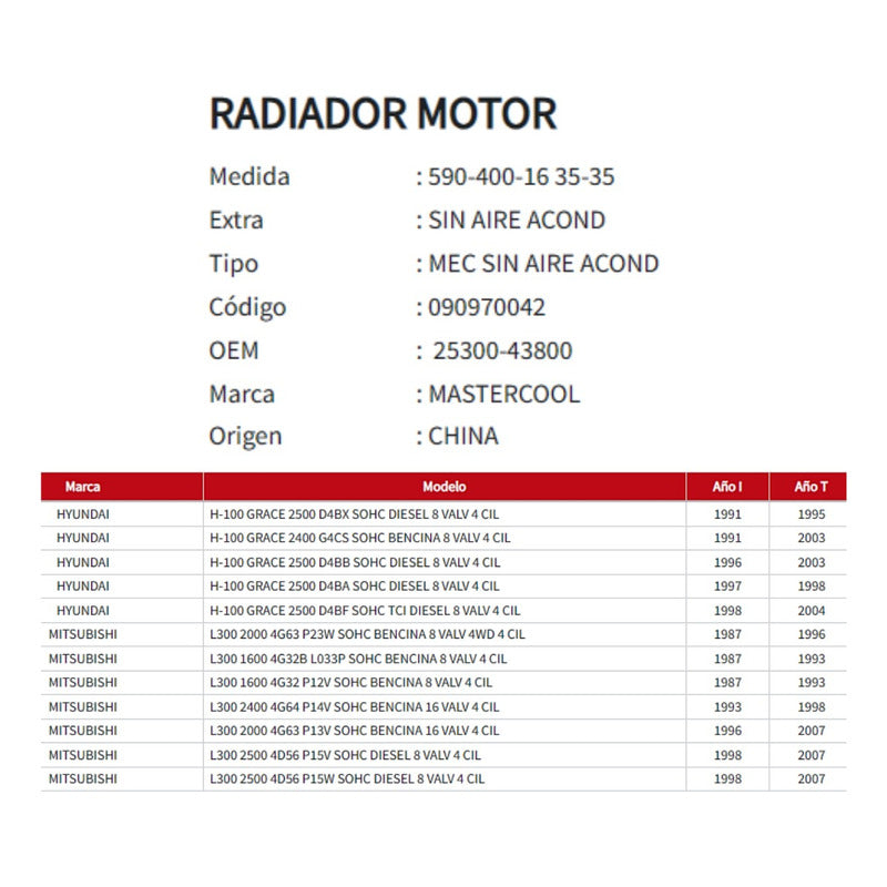 Radiador Motor Hyundai  H100 / Mitsubishi L300