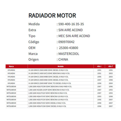 Radiador Motor Hyundai  H100 / Mitsubishi L300