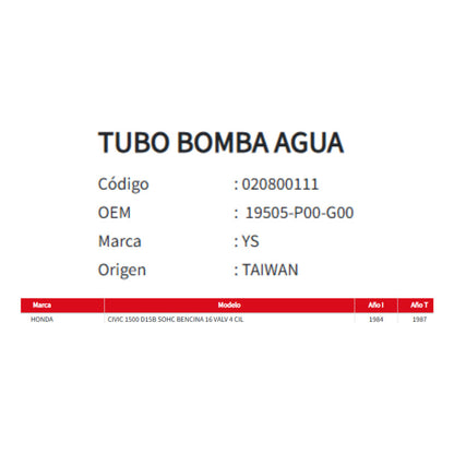 Tubo Bomba Agua Honda Civic 1984-1987