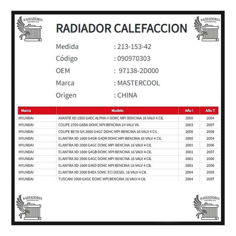 Radiador Calefaccion Hyundai Elantra - Avante - Tuscani