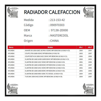 Radiador Calefaccion Hyundai Elantra - Avante - Tuscani