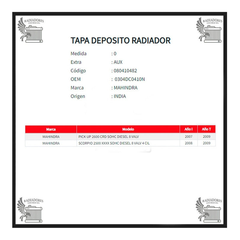Tapa Deposito Radiador Mahindra Scorpio Goa2.5 Pik Up 2.6 20