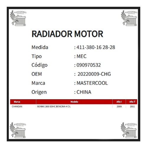 Radiador Motor Changan Benni 1.3/ 2008-2011
