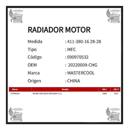 Radiador Motor Changan Benni 1.3/ 2008-2011