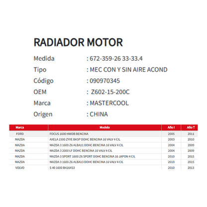 Radiador Motor Mazda 3 /mazda Axela / Ford Focus / Volvo S40