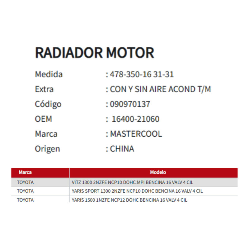 Radiador Motor Toyota Yaris 1.3/1.5 199-2005