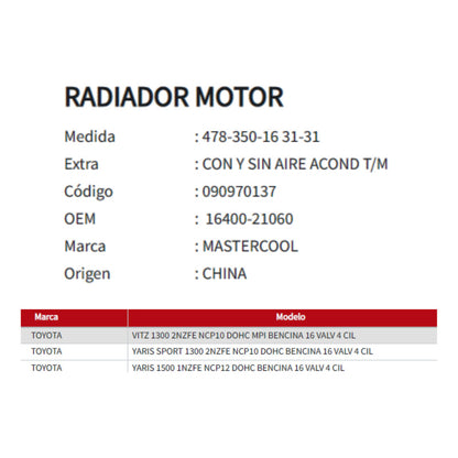 Radiador Motor Toyota Yaris 1.3/1.5 199-2005