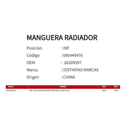 Manguera Radiador Chevrolet Sail 1.5  Inferior 16-18