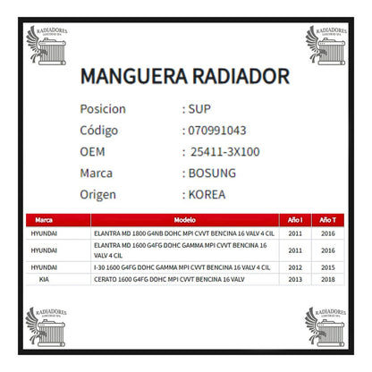 Manguera New Elantra 1.6  Kia Cerato G4fg Inferior 11-16