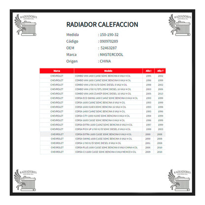 Radiador Calefacción Chevrolet Corsa 1.4/1.6/1.7 1993-20013