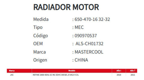 Radiador Motor Jac Refine 2.8 2010-2011