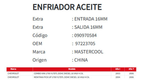 Enfriador De Aceite Chevrolet Combo/montana  1.7 03-06