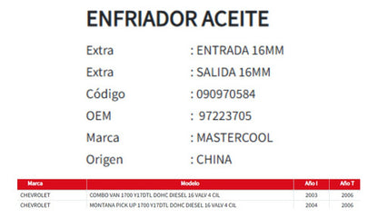 Enfriador De Aceite Chevrolet Combo/montana  1.7 03-06