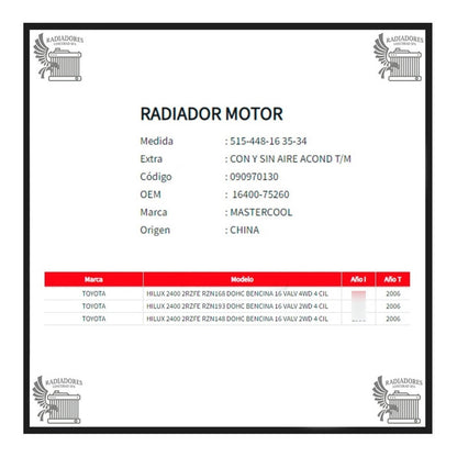 Radiador Motor Toyota Hilux 2.4