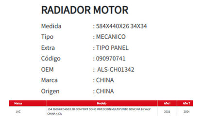 Radiador Motor Jac Js4 1.6 2021-2024