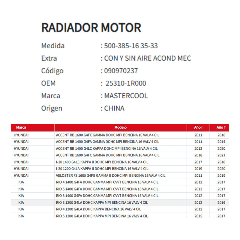 Radiador Motor Hyundai Accent Rb 1.4/1.6 11-/ Rio 3-4-5 1.2/1.4 