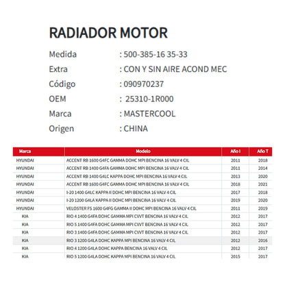 Radiador Motor Hyundai Accent Rb 1.4/1.6 11-/ Rio 3-4-5 1.2/1.4 