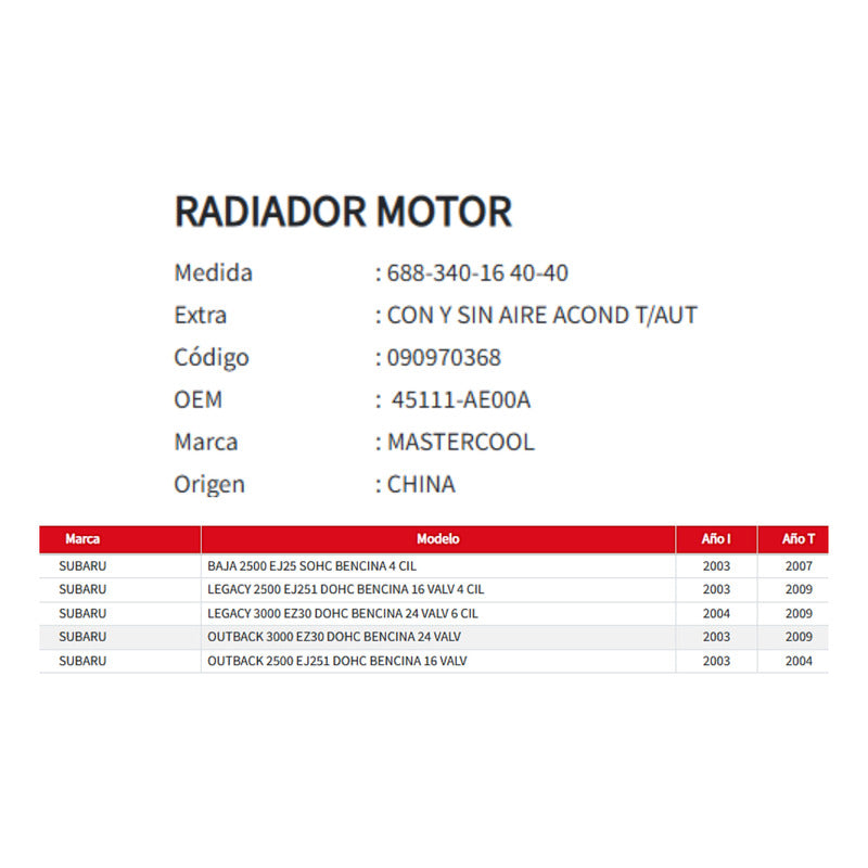 Radiador Motor Sub Legacy 2.5/3.0 Baja 2.05 Outback 2.5/3.0