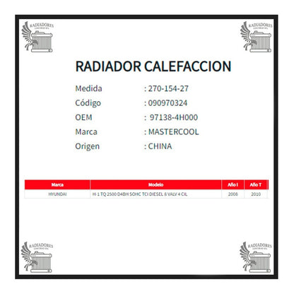 Radiador Calefaccion Hyundai New H1 2.5 D4bh