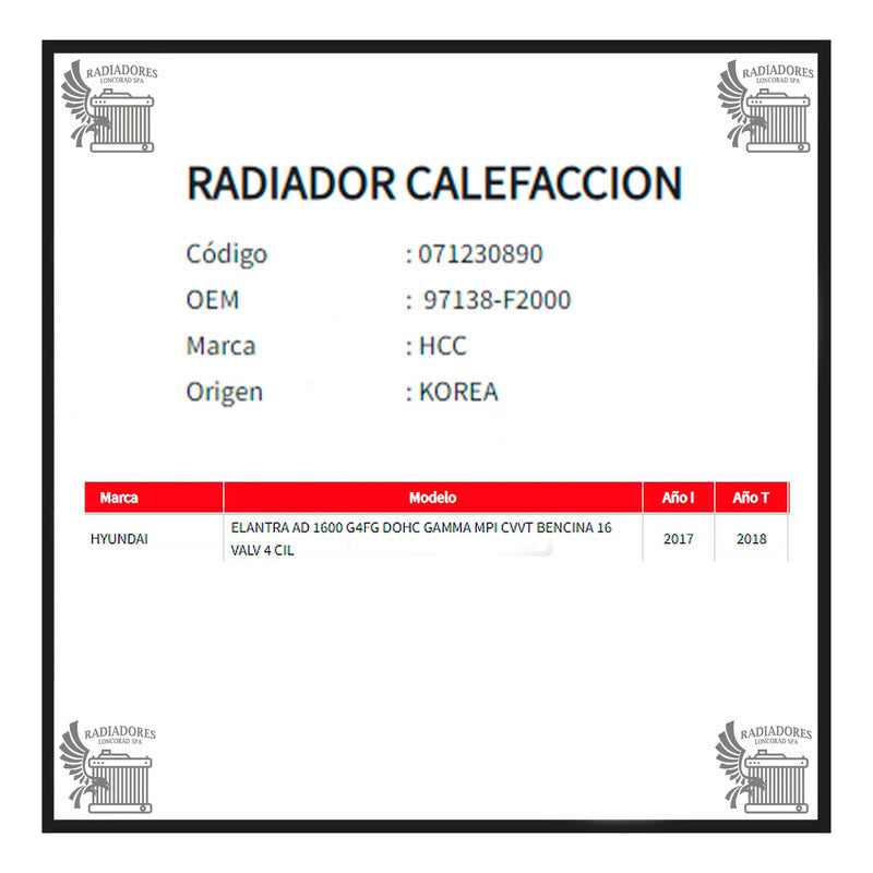 Radiador Calefacción Hyundai Elantra AD 1.6  2017-2018