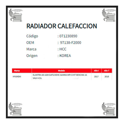 Radiador Calefacción Hyundai Elantra AD 1.6  2017-2018