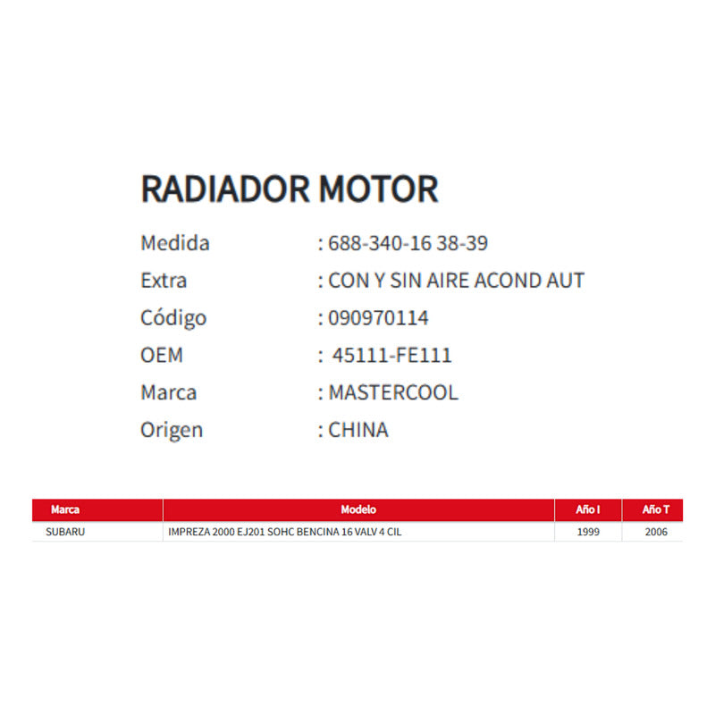 Radiador Motor Subaru Impreza 2.0 99-06
