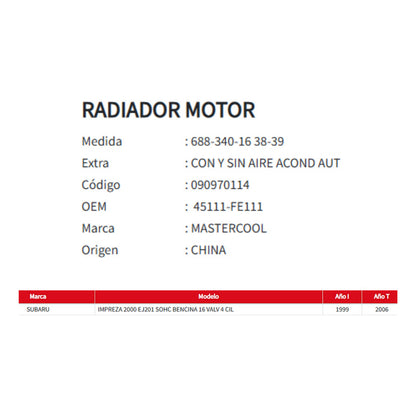 Radiador Motor Subaru Impreza 2.0 99-06