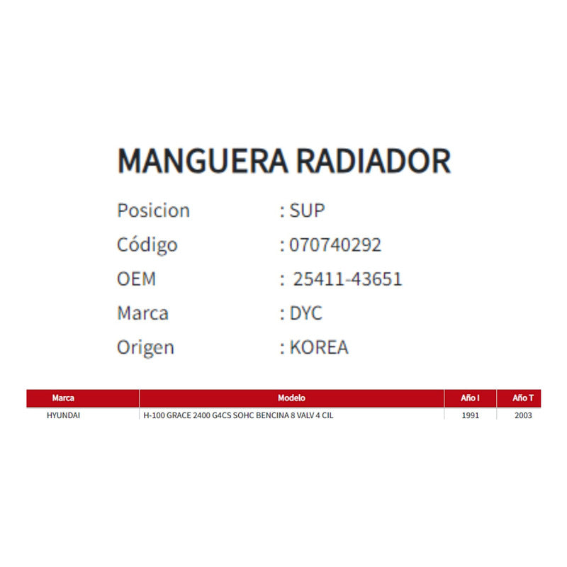 Manguera Radiador Hyundai H 100 Grace 2.4 Superior 1991-2003