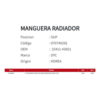 Manguera Radiador Hyundai H 100 Grace 2.4 Superior 1991-2003