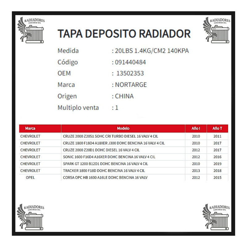 Tapa Deposito Radiador Chevrolet Spark Gt 1.2 - Sonic 1.6